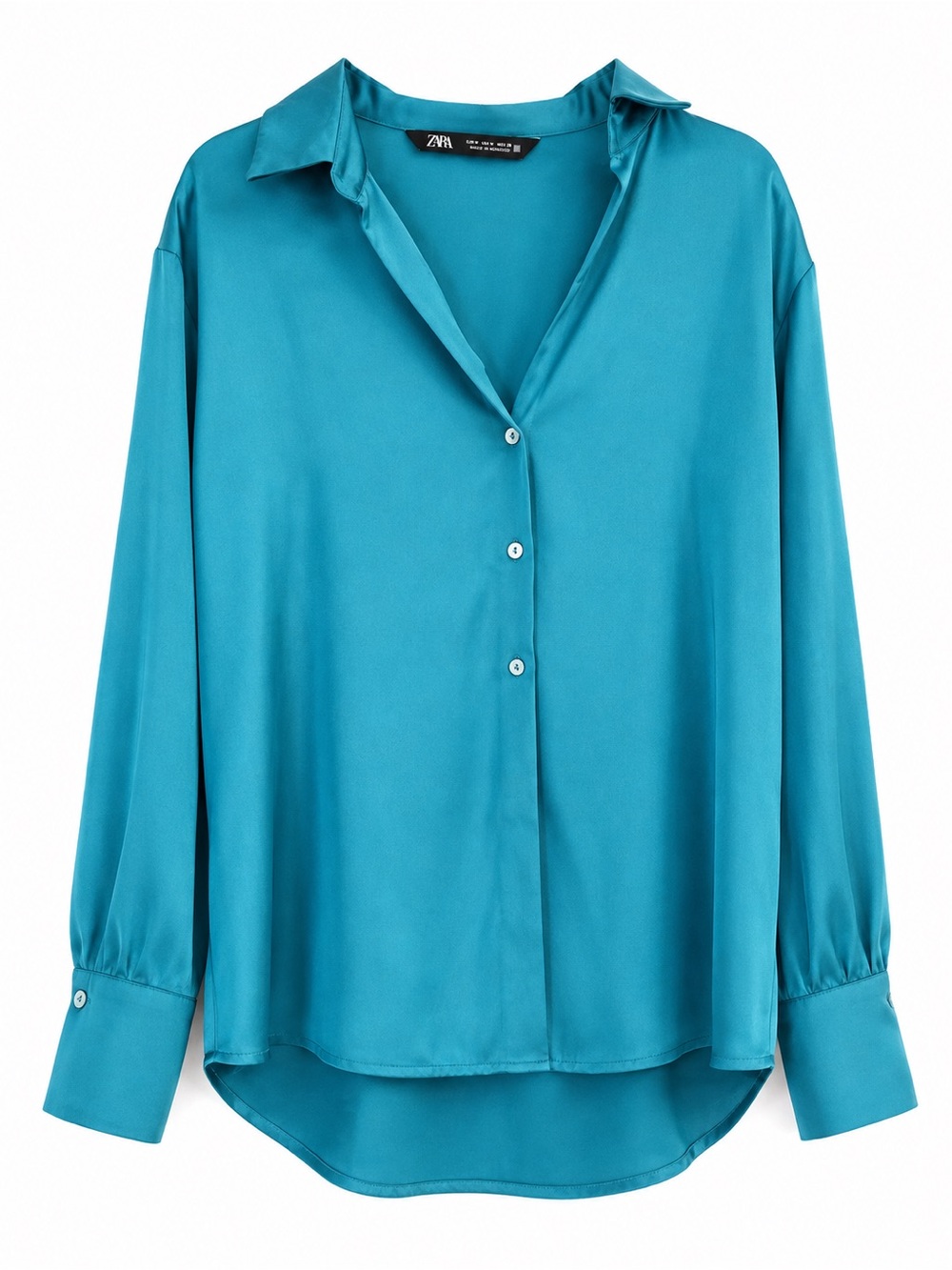 Zara Teal Satin Button-Front Shirt